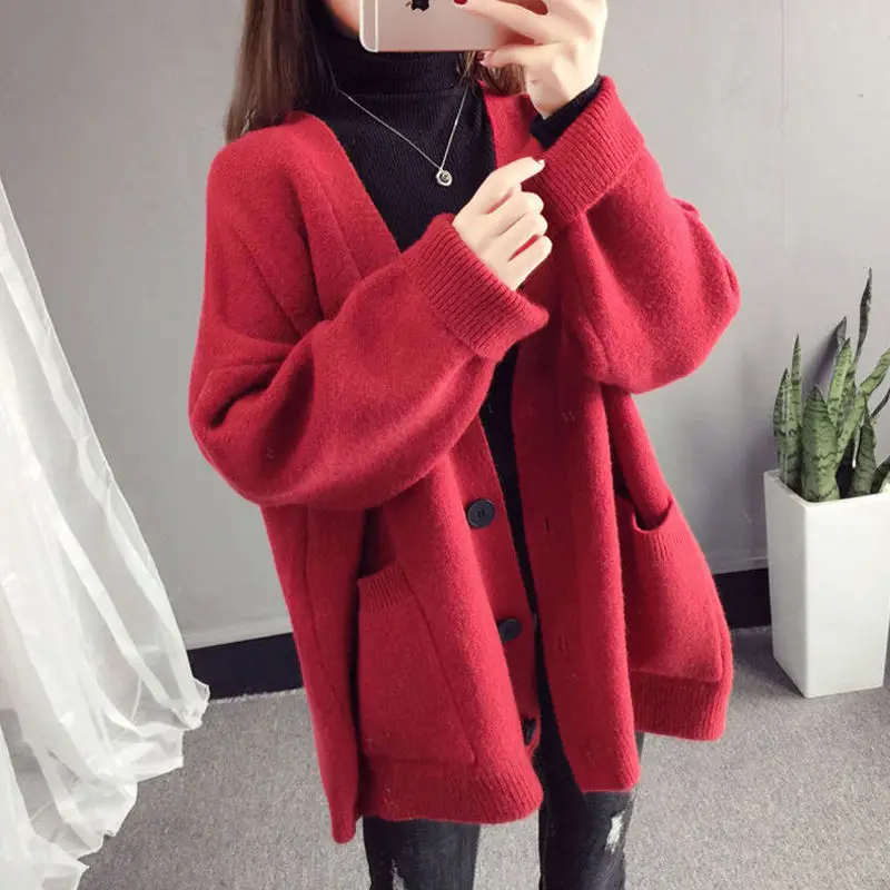 

Korean Knit Cardigan Winter Thick Sweater V-neck Single Breasted Long Sleeve Tops Warm Coats Streetwear Fashion Oversize Ponchos