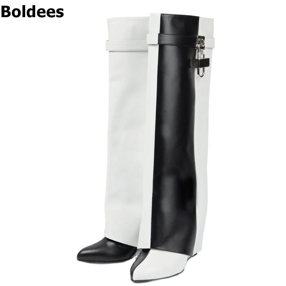 Купи Mixed Colors Overlay Real Leather Wedged Knee High Boots Women Metal Decoration Pointed Toe High Heel Long Boot за 4,752 рублей в магазине AliExpress