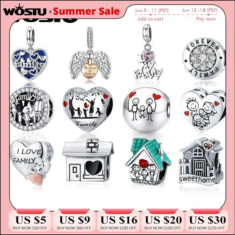 WOSTU Forever Family Charm 925 Sterling Silver Home House Enamel Beads Pendant Fit Original Bracelet DIY Jewelry For Women