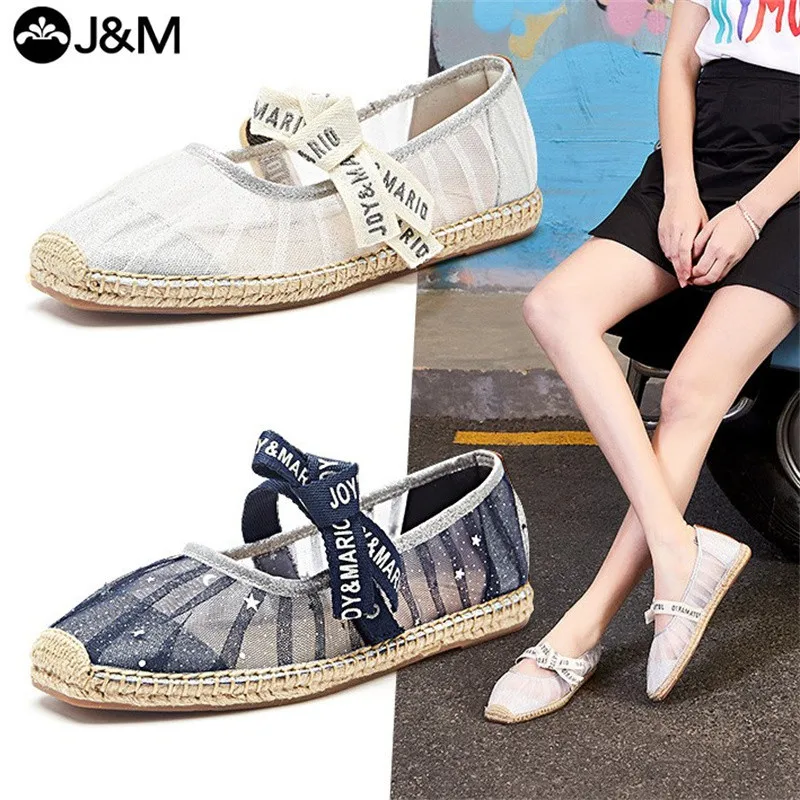 J&M Round Toe Women Espadrilles Ballet Flats 2022 Rubber Slip-on Shoes Casual Bow Mesh Breathable Zapatillas Mujer Sapatos Hemp