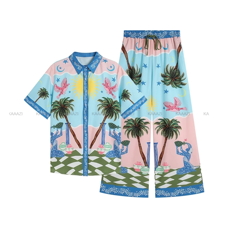 Свободные повседневные брюки с коротким рукавом и принтом. Женская одежда. Два