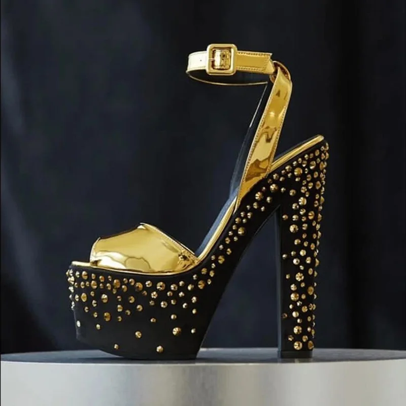 

Gold Metallic Leather Rivets Studded Chunky Heel Sandal Buckle Strap Peep Toe Platform Summer Shoes Square Heels Women Pumps