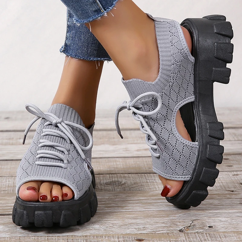 

Женские сандалии на платформе, повседневные дышащие кроссовки с открытым носком, на шнуровке, большие размеры 35-43, лето 2022