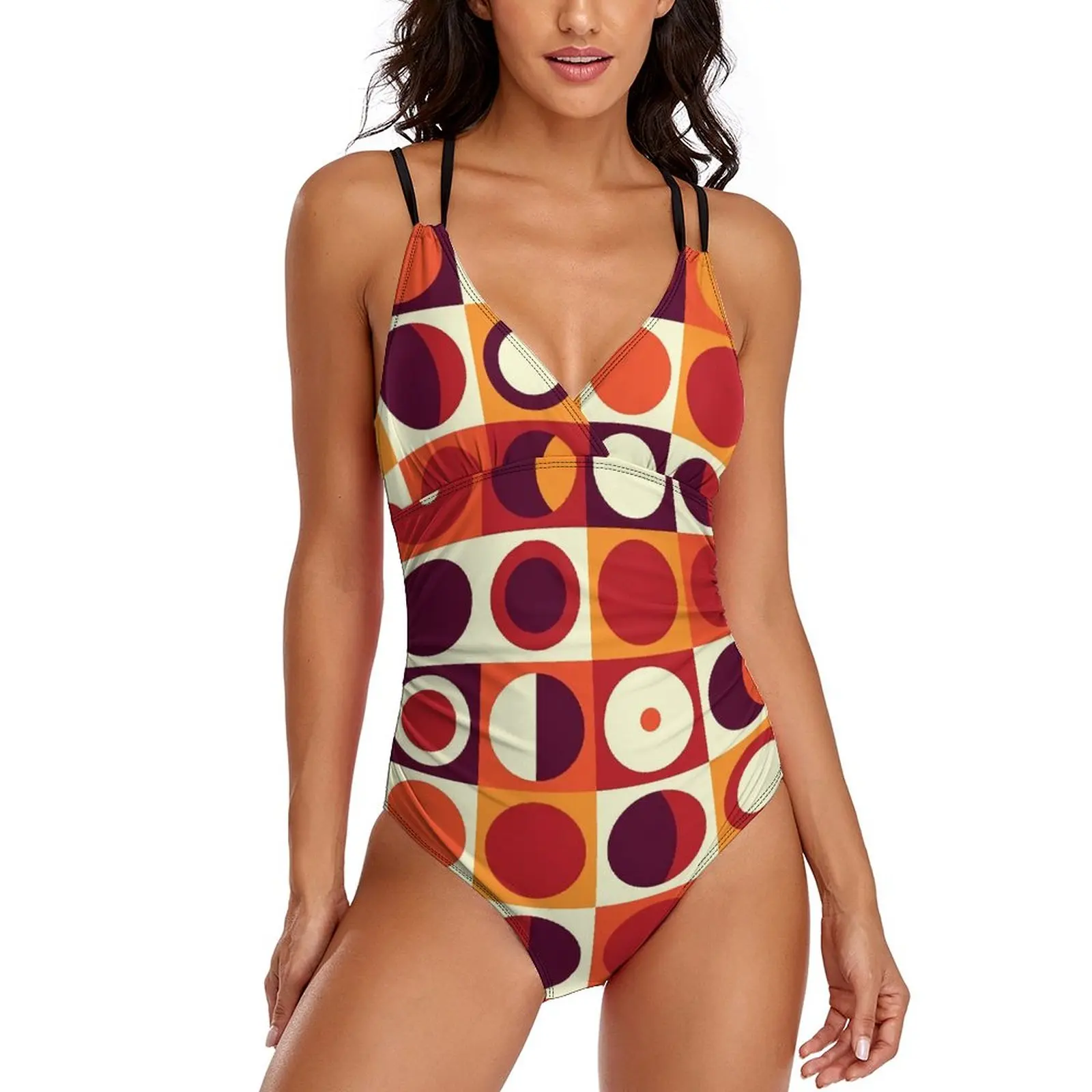 

Retro Mod Swimsuit Orangy 70s Print Swimwear One-Piece Bathing Suits Sexy Classic Surfing Swimsuits Large Size