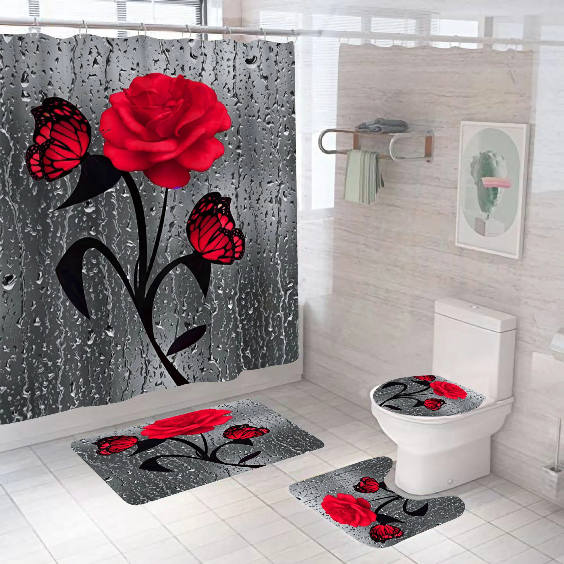 Rose Print 3D Shower Curtain Waterproof Polyester Bathroom Curtain Anti-slip Bath Mat Set Toilet Rugs Carpet Home Decor