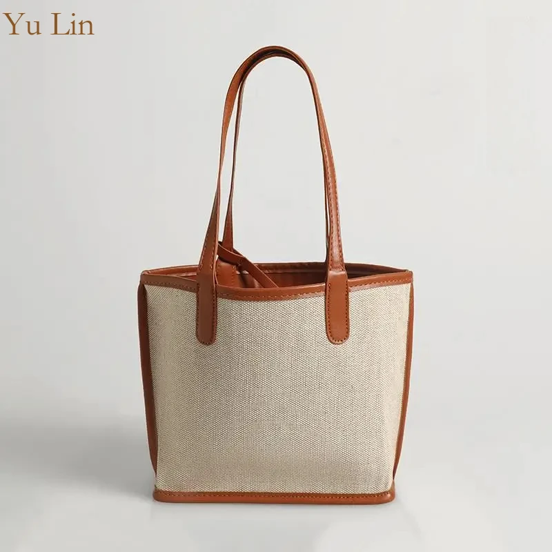 

Women's Tote Bag Vintage Canvas Pu Leather Ed Shoulder Bag Fashion Trends Large capacity women's shopping tote with purse