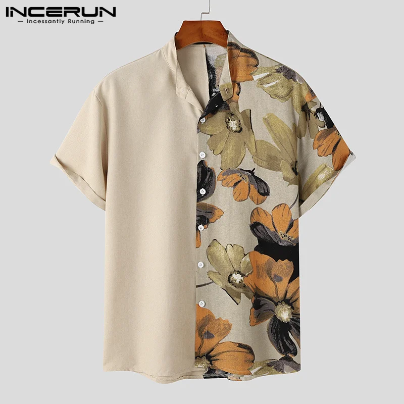

INCERUN Tops 2023 Korean Style New Men's Retro Solid Patchwork Ink Flower Printing Blouse Casual Male Short Sleeved Shirts S-5XL