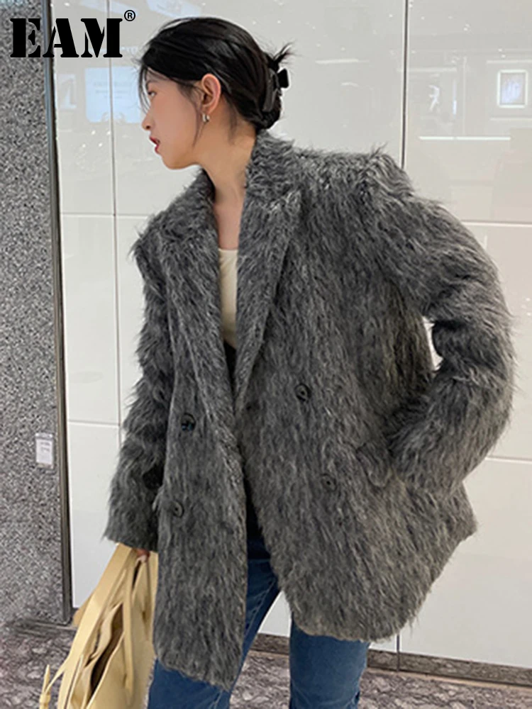 

[EAM] свободное серое повседневное толстое шерстяное пальто большого размера, парки, новая женская мода с длинным рукавом, Осень-зима 2022 1DF2149