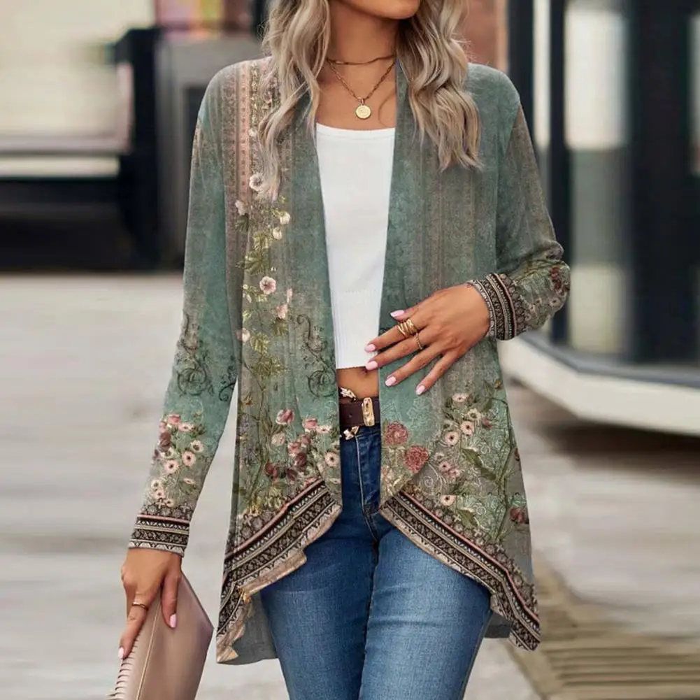 

Mid Length Lady Coat Vintage Flower Print Open Stitch Cardigan Ethnic Style Mid Length Coat for Women Flower Print Fall Cardigan