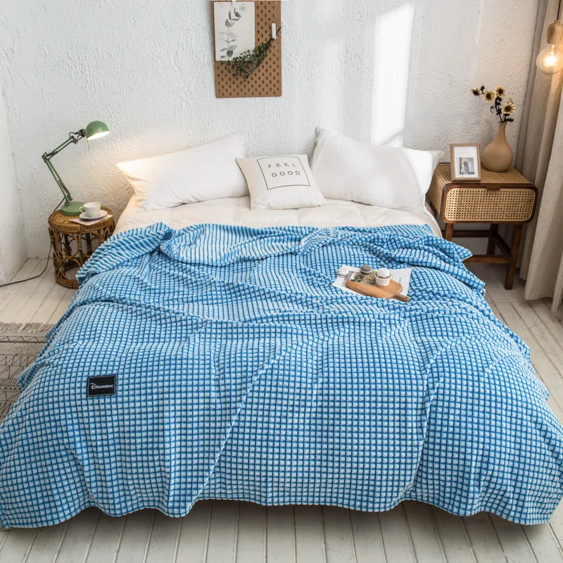 

Coral Fleece Blankets Cover For The Bed Or Sofa Winter Soft Warm Waffle Home Decoration Lake Blue Grid 6 Sizes