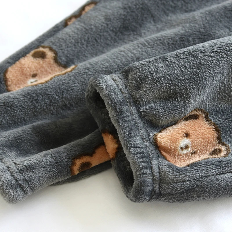 Winter Women's Flannel Pajama Pants Home Pants Cute Bear Beam Feet Loose Warm Thick Elastic Waist Pants