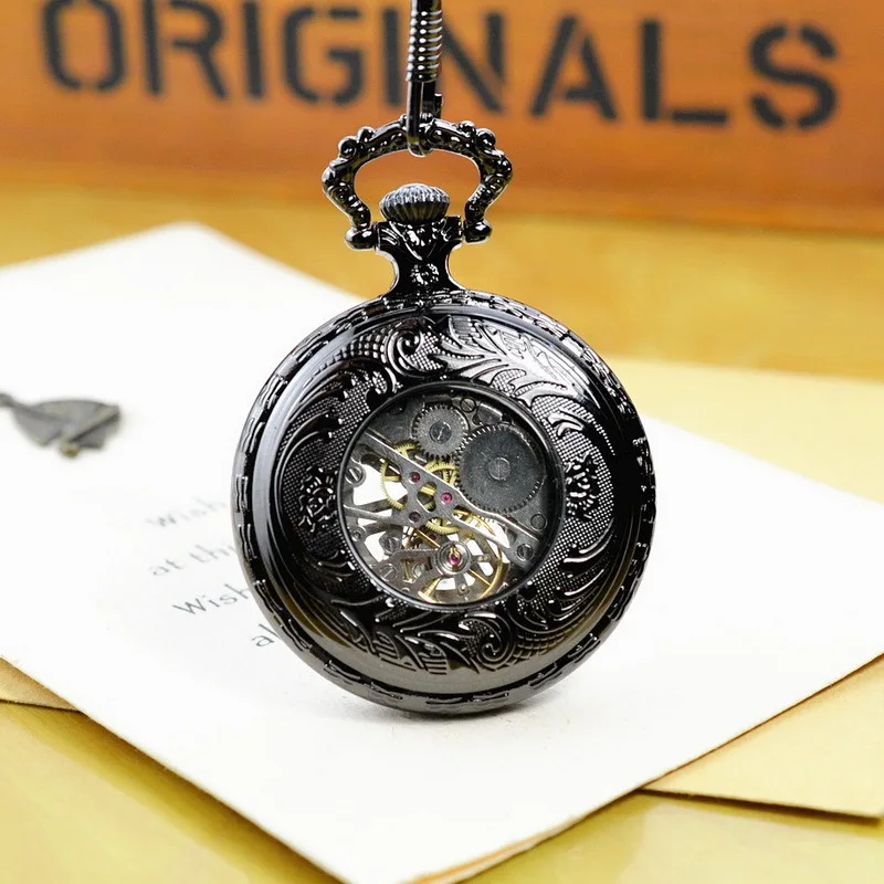 Luxury Mechanical Sliver Pocket Watch for Men Women Hollow Skeleton Dial Roman Dial Fob Chain Pendant Clock for Collection Gift