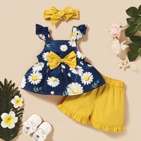 baby girl 2022 summer clothing europe and america sleeveless printed top solid color lace shorts hairband set kits for children