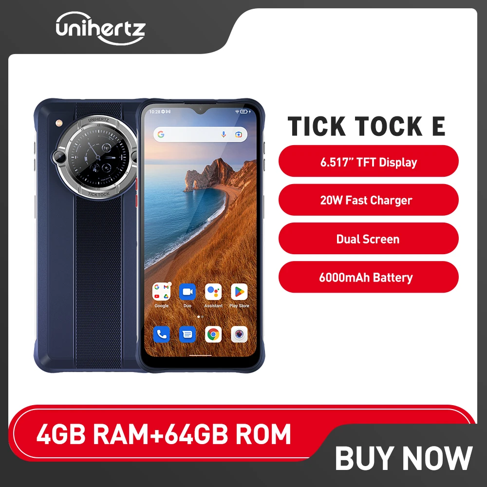 Unihertz Tick Tock E 6.5 Inch Smart Rear Display 6000mAh Cellphone Android 12 4GB 64GB Smartphone Octa Core MTK6765 Phone