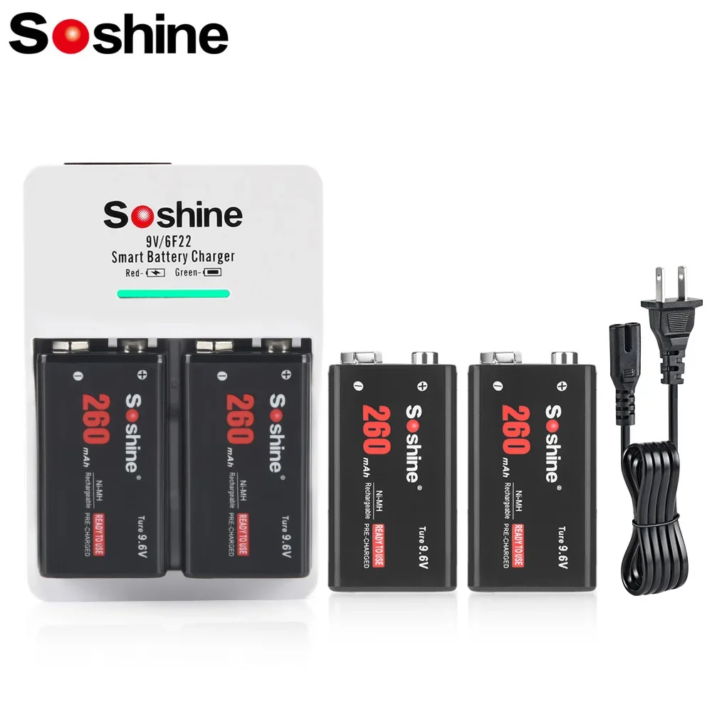 

Soshine 260mAh 9V 6F22 Rechargeable Battery and 2 Slots Smart US EU Charger 6F22 9 Volt Ni-MH Batteries for Microphones Monitori