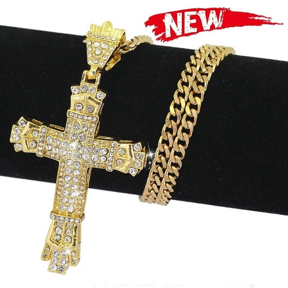 

Hip Hop Full Diamond Retro Hollow Cross Necklace Fashion Men and Women Cuban Chain Cross Pendant Jewelry Gift