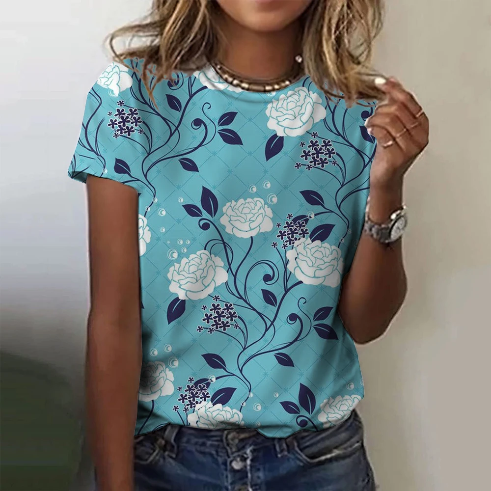 

Women's T-shirt Summer Fashion Short Sleeve Tee Tops 3D Floral Print O-Neck Casual T Shirt For Women's Y2k Rose Flower Clothes