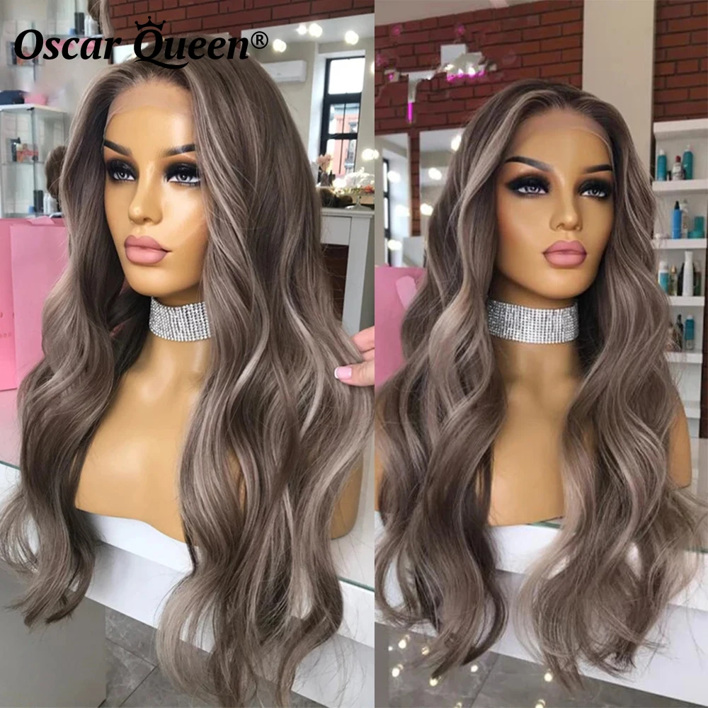 Highlight Grey 13X4 Lace Front Wig Body Wave Lace Frontal Human Hair Wigs For Women Dark  Blonde Color Transparent HD Lace Wig