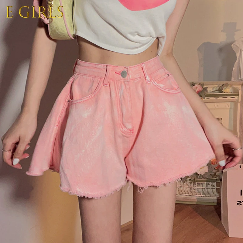 E GIRLS Harajuku Ruffles Denim Shorts Skirts  Summer High Waist Washed Jeans Shorts Women Plus Size Blue Pink Loose Shorts femme