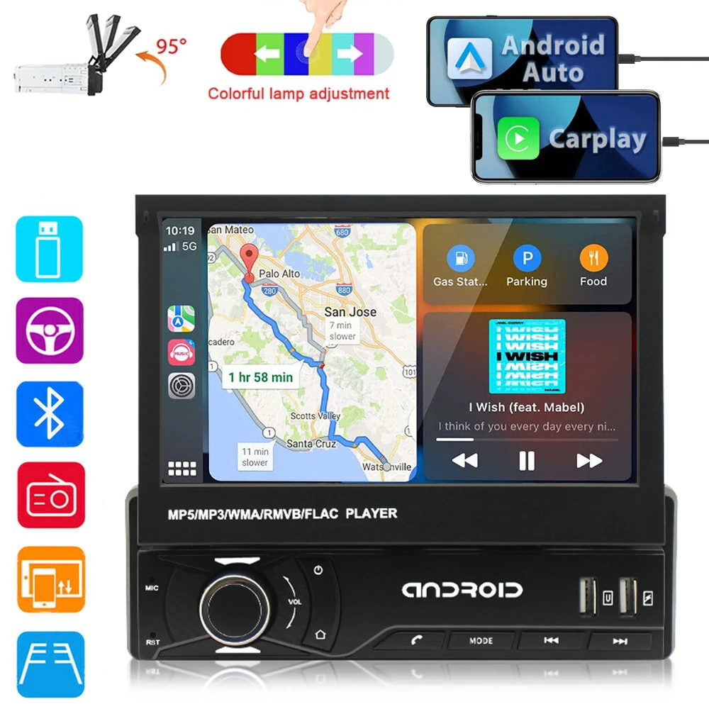 

Магнитола автомобильная 1 Din, Android 12,0, GPS-навигация, 7-дюймовый выдвижной экран HD, мультимедийный видеоплеер, аудио, стерео, без DVD