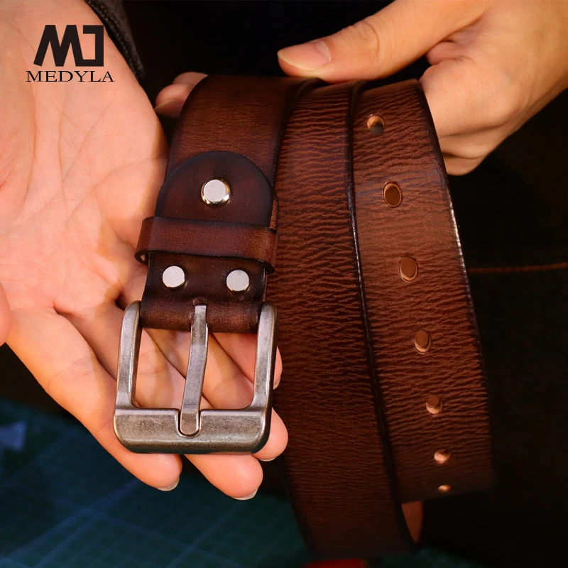 MEDYLA Men's Belt Top Leather Casual High Quality Belt Vintage Design Pin Buckle Genuine Leather Belts For Men Gift Box