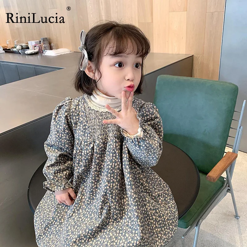 

RiniLucia 2022 New Floral Winter Dress For Girls Flower Puff Sleeve Dresses For Children Kids Cotton Blend Dresses For Girls