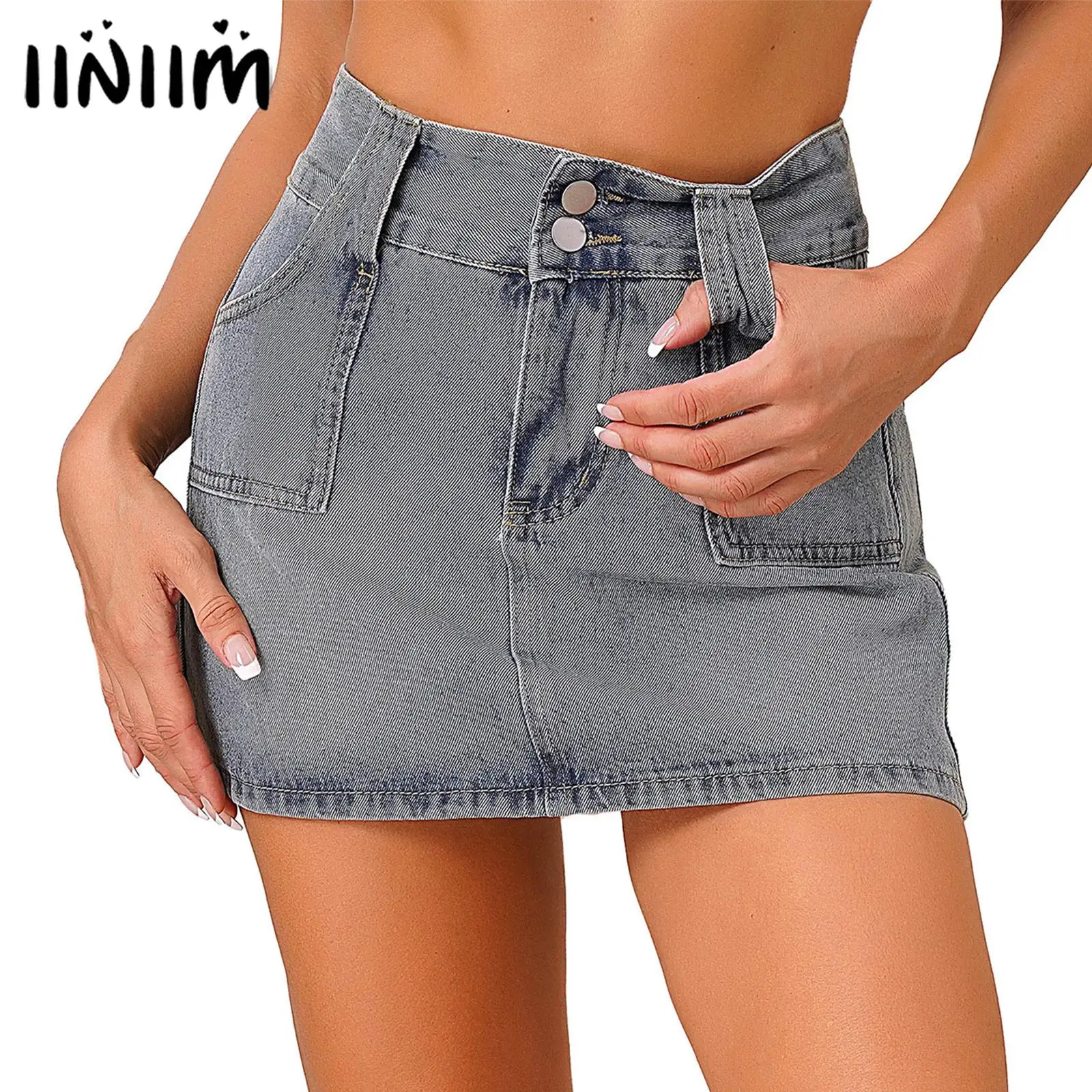 

Womens Fashion High Waist Denim Skirt Casual Pockets Mini Skirts with Built-in Shorts Festival Rave Party Clubwear Streetwear