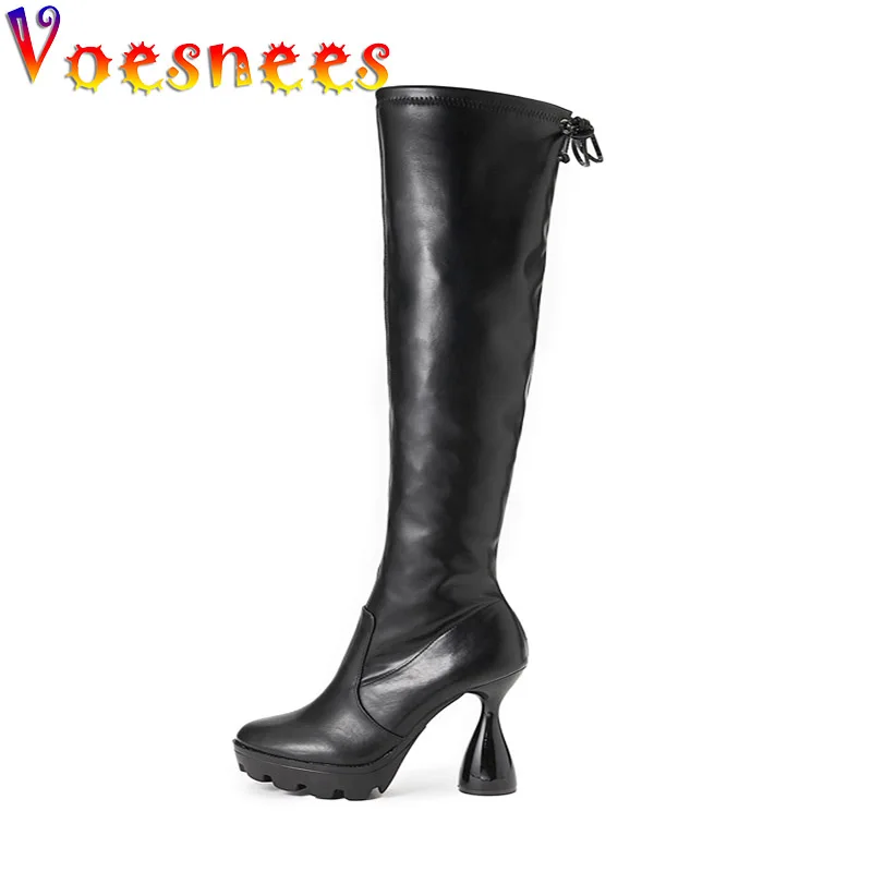 

Women Chunky Heels Pumps Shoes 12CM Black Spring Autumn Elastic Boots New PU Leather Over-the-Knee Platform Waterproof Booties