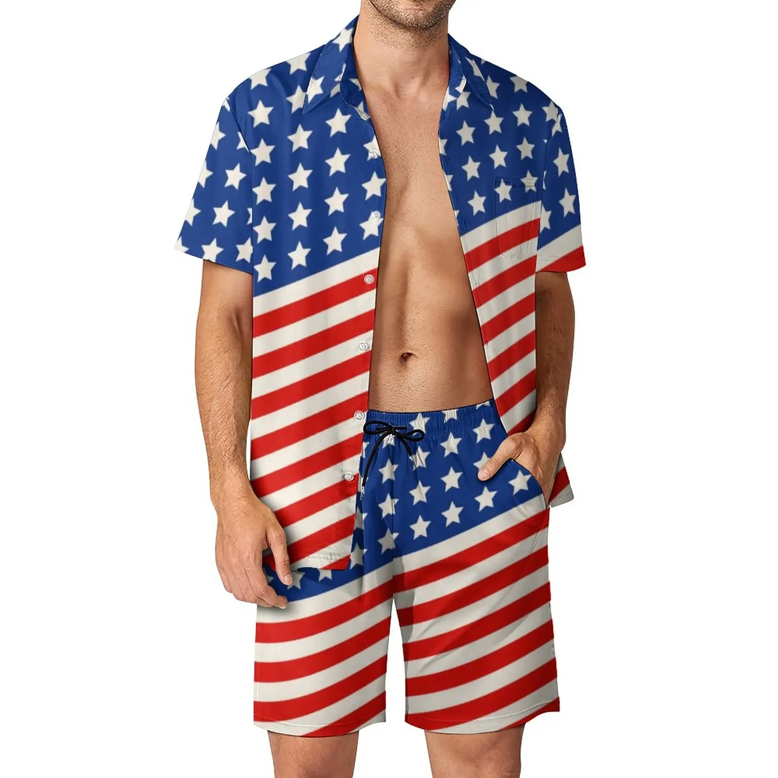 

American Flag Print Men Sets Stars and Stripes 4th of July Trending Casual Shirt Set Short-Sleeve Shorts Vacation Suit Plus Size