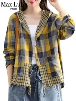 max lulu 2022 fashion korean designer clothes womens plaid hooded shirts ladies linen loose blouses female casual oversized tops