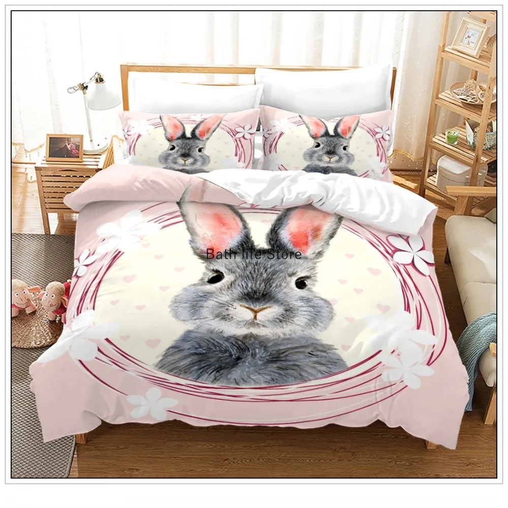 Cute Rabbit Easter Bedding Set Cartoon Duvet Cover Zipper Double Queen King Size Kid Girl 2/3pcs Quilt Comforter Covers NO Sheet