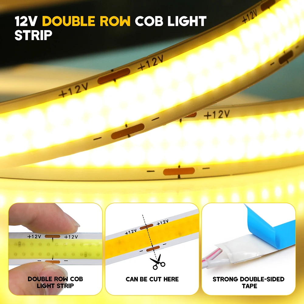 Фото Светодиодная лента COB 600 LED, 12В/24В, гибкая, высокой плотности, линейное освещение, теплый белый свет, RA90, для домашнего декора, 0.5м, 1м, 2м, 5м №3