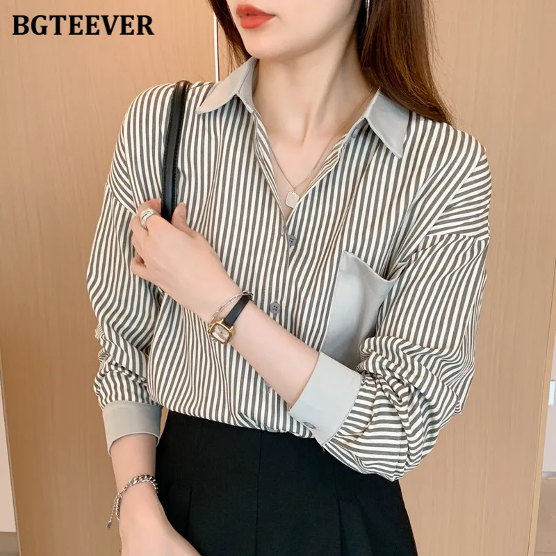 

Блузка BGTEEVER Женская в полоску, стильная повседневная однобортная Свободная шифоновая рубашка с отложным воротником и карманами, с длинным рукавом, осень