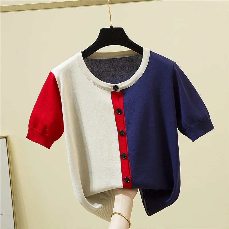 

T Shirt Knitted Women Korean Fashion Clothes Short Sleeve Tees Patchwork Cardigan Female 2023 Summer O Neck Tops Camisetas Mujer