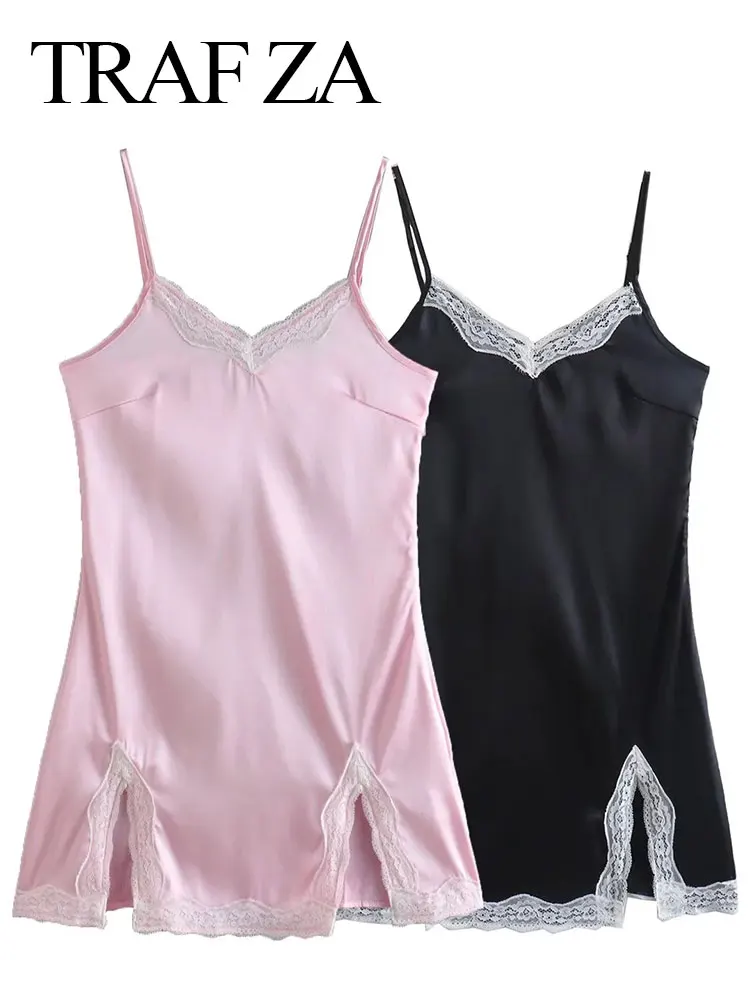 

TRAF ZA Fashion Lace Edge V-Neck Hem Slit Skin-Friendly Lady Dress Beautiful Sexy Elegant Pink Black Mini Suspender Dress New
