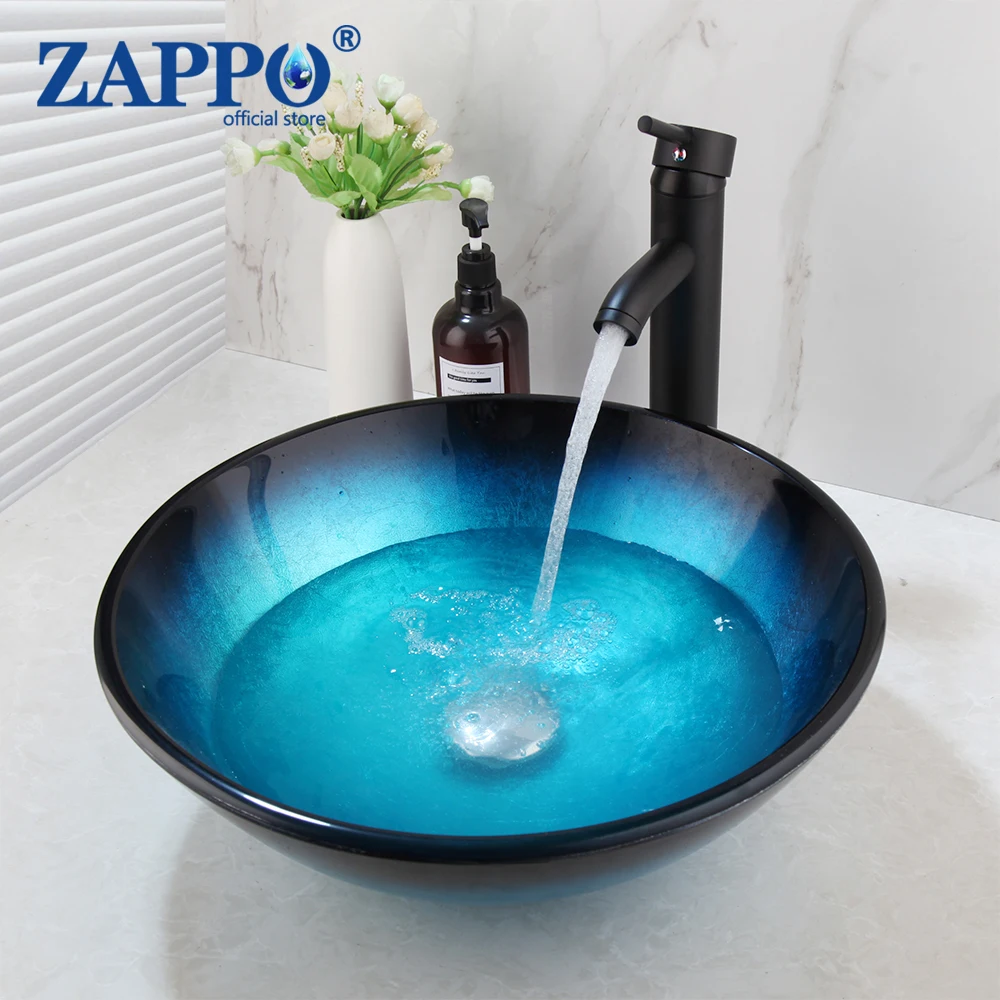 

ZAPPO Tempered Glass Basin Sink Washbasin Faucet Set Bathroom Counter top Washroom Vessel Vanity Sink Mixer Black Tap