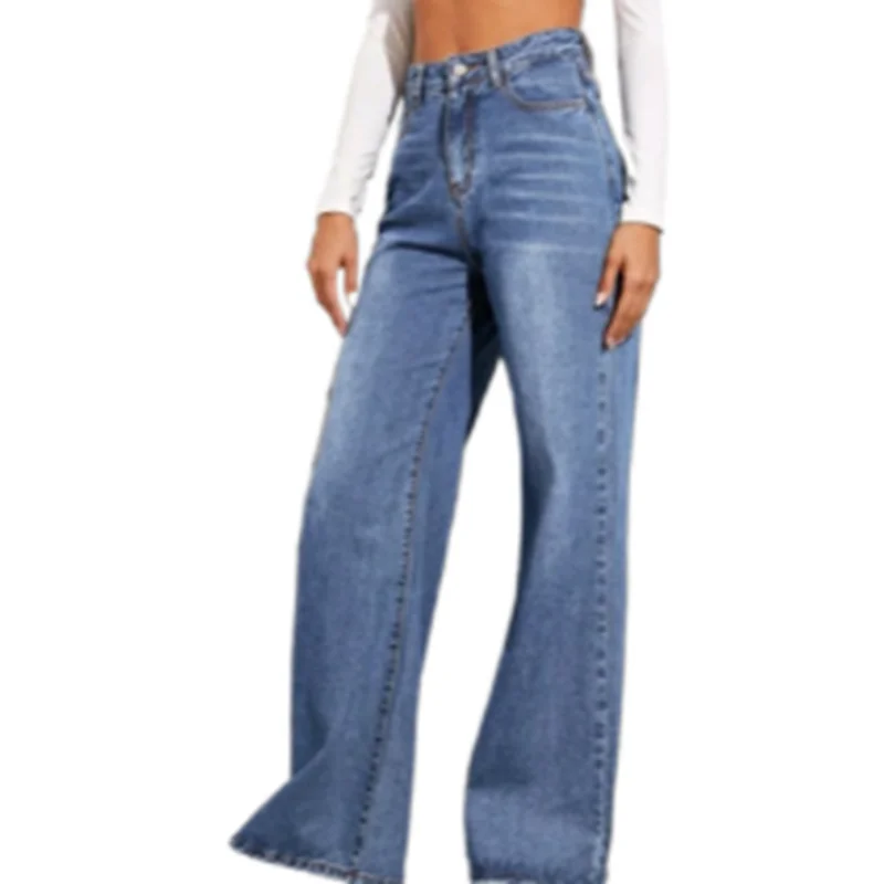 

Новинка 2021, женские свободные джинсы с высокой талией и широкими штанинами, Женские однотонные прямые брюки из хлопка, мягкие дышащие брюки ...