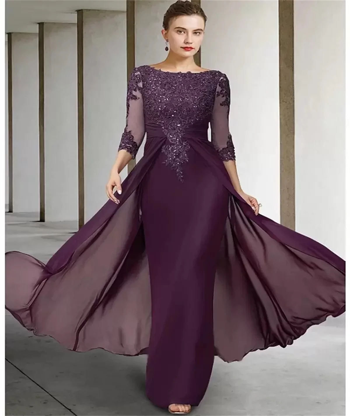 

Mother of the Bride Dress Jewelry Sequin Appliqué Wedding Dress Long Sleeve Front Pleat Evening Gown Prom Dress