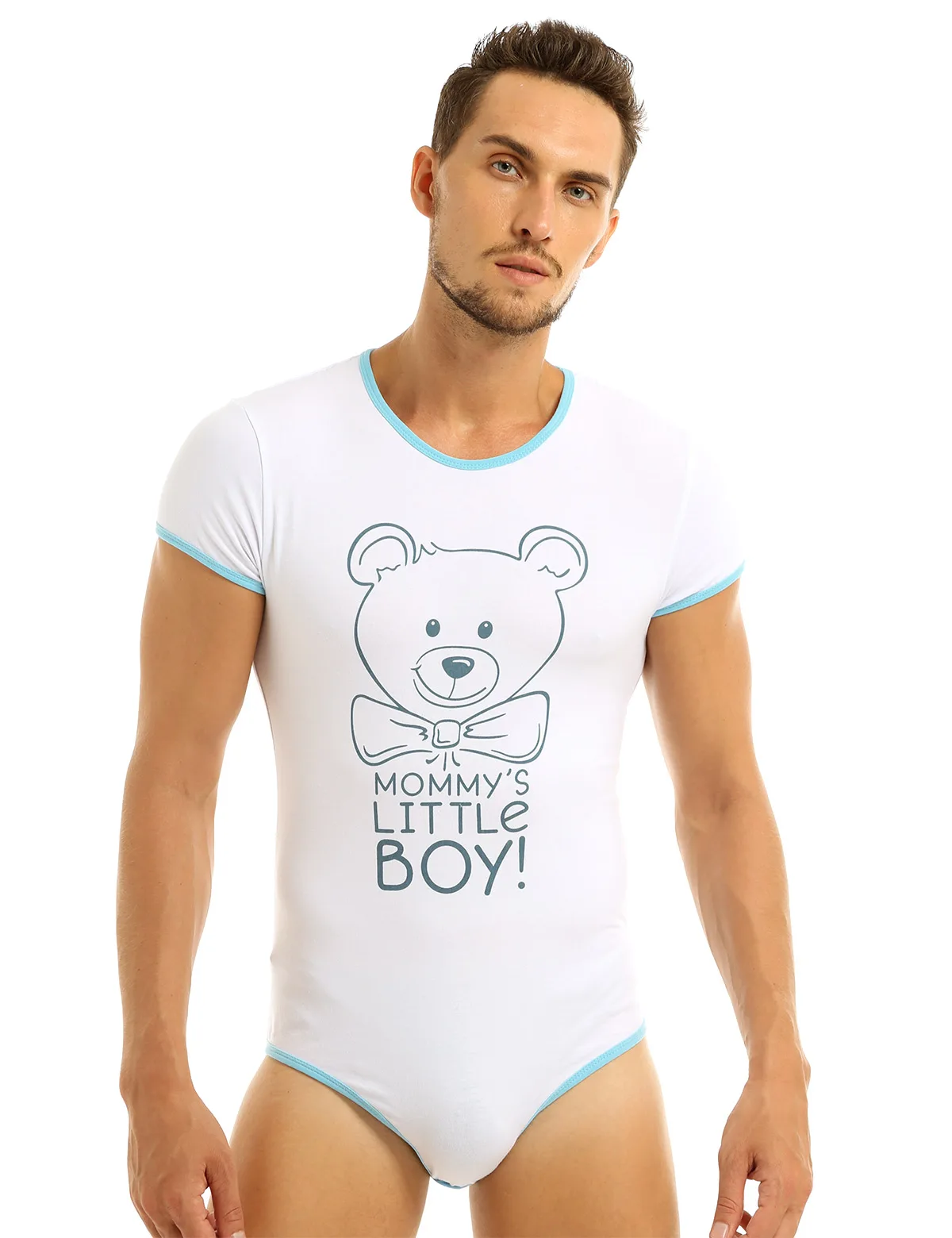 

TiaoBug Men One-piece Sexy Romper Snap Crotch Mommy's Boy Cartoon Printed Adult Erotic Sissy Lingerie Male Gay Bodysuit Pajamas