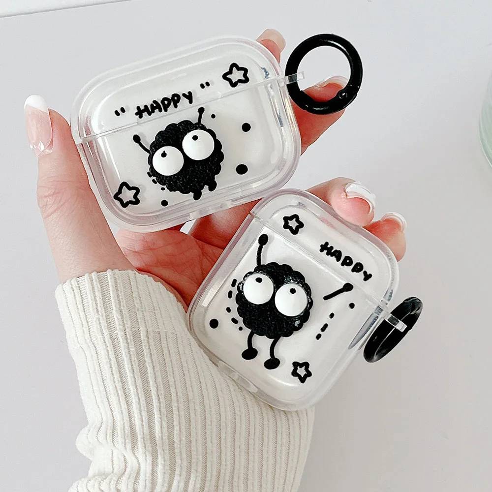 

For AirPods 2 Case Cute Black Cartoon Earphone Protective Cover For Apple Air Pods 1 3 pro Fundas Wireless Charging Box Keyring
