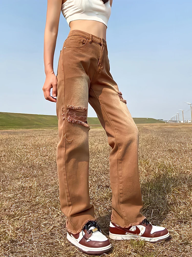 

High Street Brown Hip Hop Y2k Ripped Jeans Women Summer Streetwear Avant-Garde Beggar Pants Gradient Raw Edge Trend Trousers