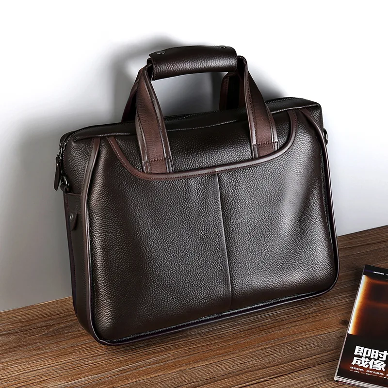 100% Leather Shoulder Crossbody Bag Men's Business Casual Bag Portable Messenger Bag Laptop Handbag 14