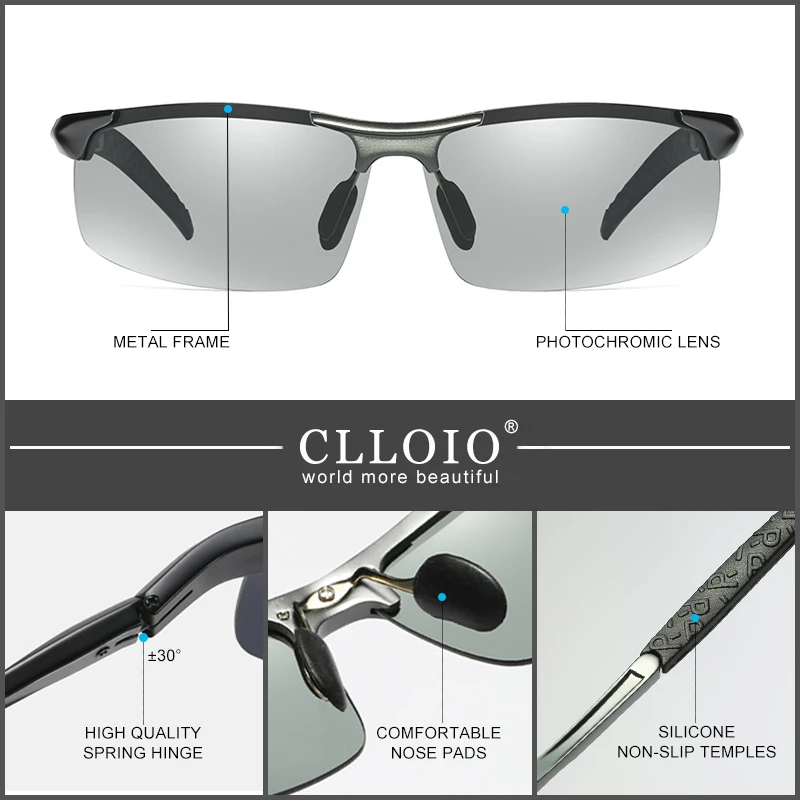 CLLOIO Aluminum Photochromic Sunglasses Men Polarized Day Night Driving Chameleon Glasses Anti-Glare Change Color Sun Glasses UV 4