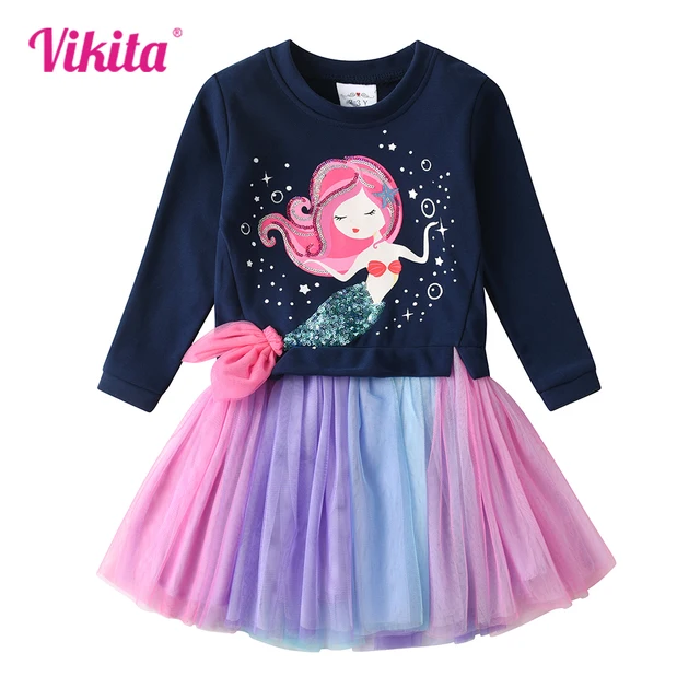 VIKITA Girls Sweater Dress Winter Children Cotton Clothing Mermaid Patchwork Kids Princess Dresses Toddler Cartoon Casual Dress 1