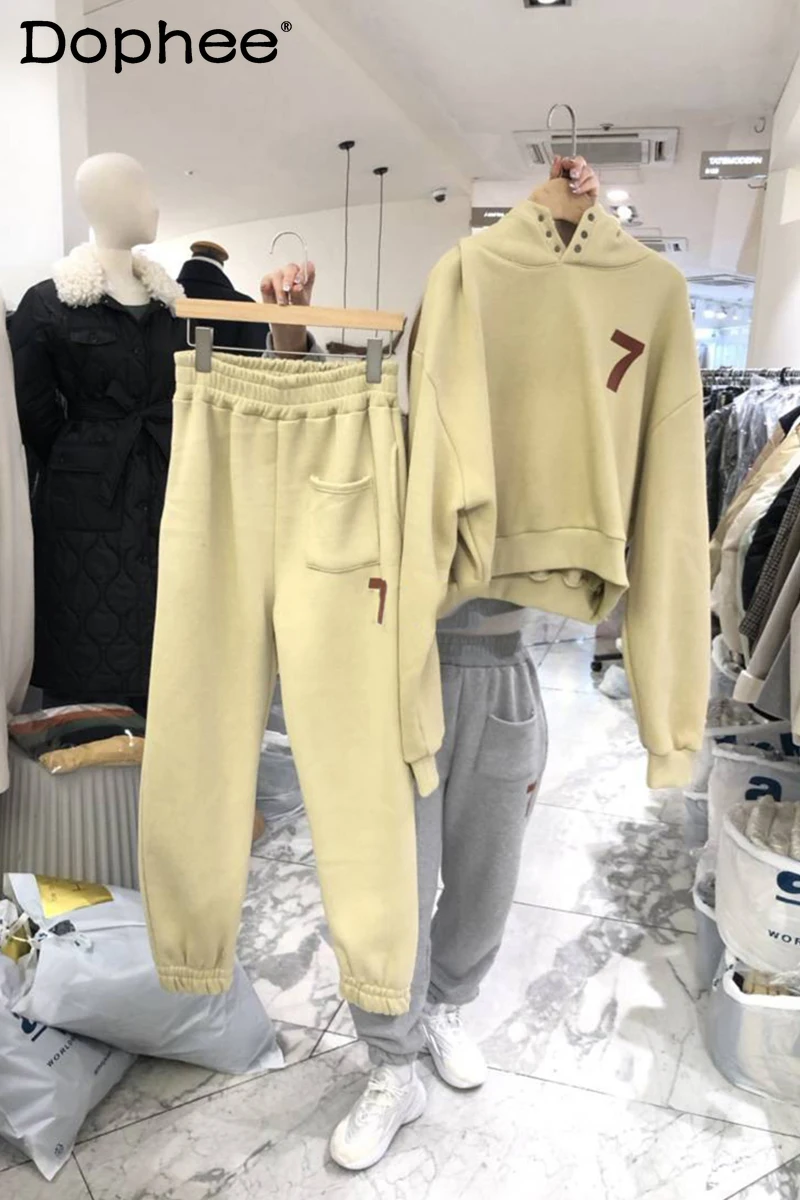 

Korean Fashion Sport Leisure Tracksuit Number Fleece Thick Hoodie Coat Casual Sweatpants Two-Piece Set 2022 Winter Women Clothes