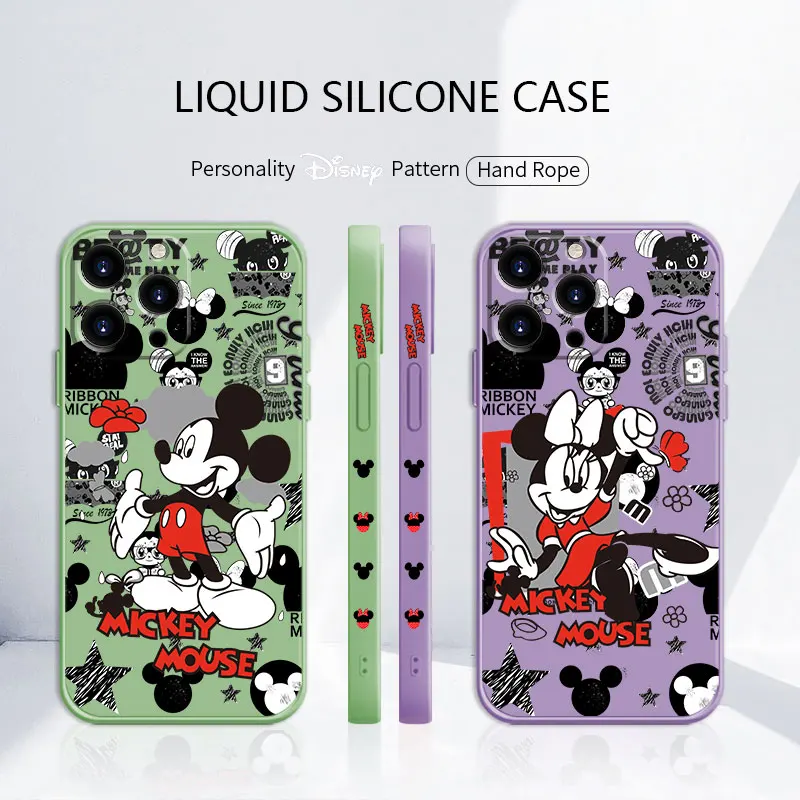 

Liquid Coque Case for iPhone 11 12 13 Pro Max XS 7 8 Plus SE Silicone Disney Mickey Minnie Red Black Women Shockproof Phone