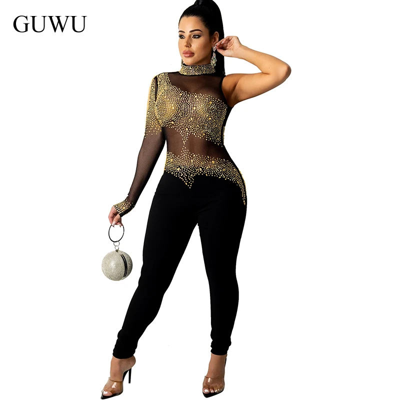 

Rompers Women Jumpsuit Diamonds Rhinestone Women Summer 2022 Sheer Mesh One-Shoulder Tight Sheath Full-Sleeve Night Club Sexy