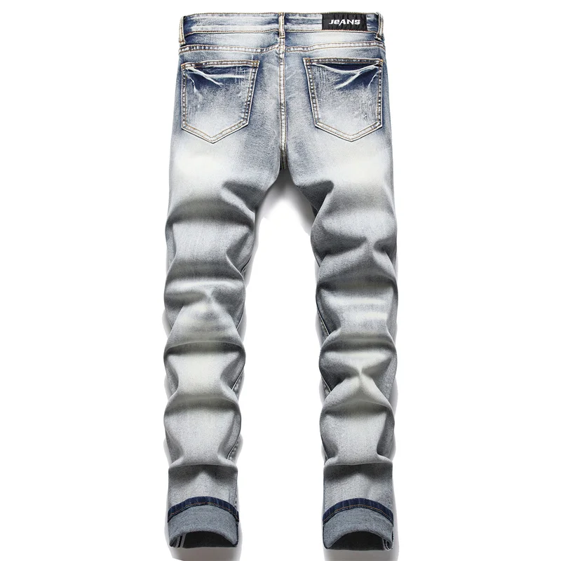 Men's Clothing Vintage Light Blue Holes Ripped Biker Jeans Motorcycle Casual Pleated Torn Stretch Denim Slim Pants Trousers Men