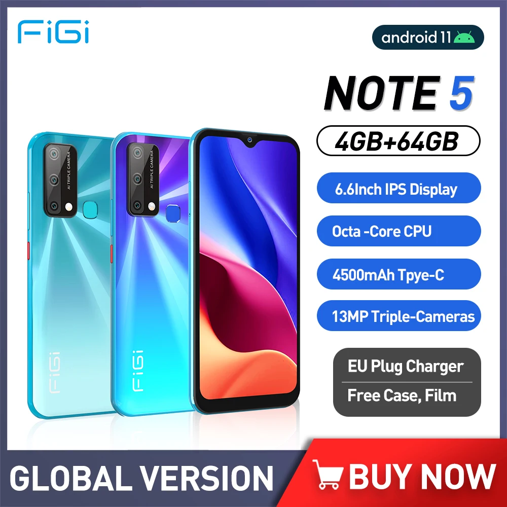 

FIGI Note 5 Android 11 Mobile Phone 6.6" Full Screen Cellphone Octa Core 4GB RAM 64GB ROM Smartphone 4500mAh 13MP Triple Camera