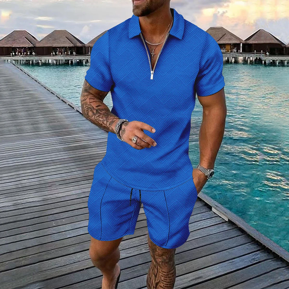 New Summer Men's POLO Shirt Suit Casual Solid Color Printed T-shirt and Shorts 2-piece Men's Suit